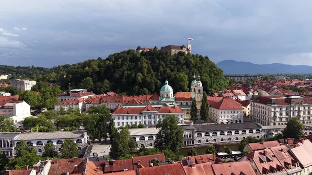 Drone shot of Castle Hill (Grajski gric) in old town Ljubljana, Slovenia