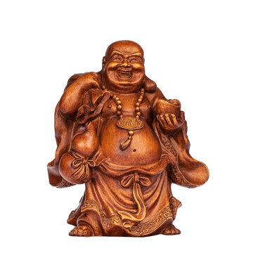 Carved wooden statue of laughing buddha hotei holding gold ingot and wu lou gourd with prayer beads isolated on white background.