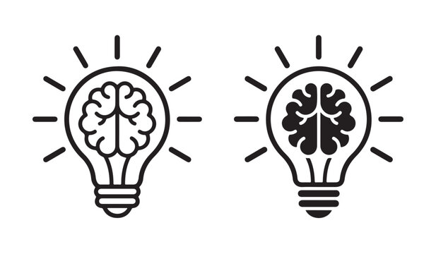 Brain light bulb icon collection with creative intelligence symbols. Concept of ideas, innovation, creativity, intelligence, education, problem solving, knowledge, technology and business development.