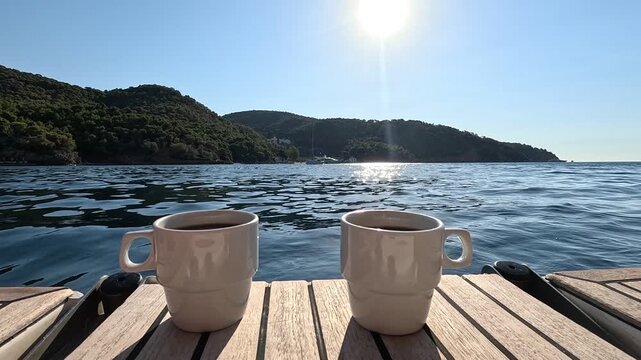 Charming lifestyle footage of two coffee mugs placed on the back of a boat anchored off the coast of a beautiful Greek island, with the sparkling Mediterranean Sea and lush island scenery in the backg
