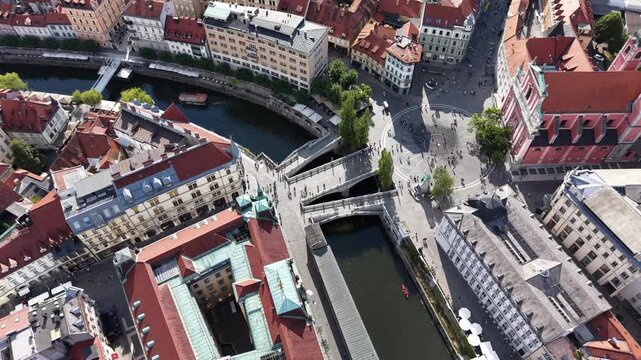 Aerial view of Triple Bridge (Tromostovje) at Preseren Square, Slovenia