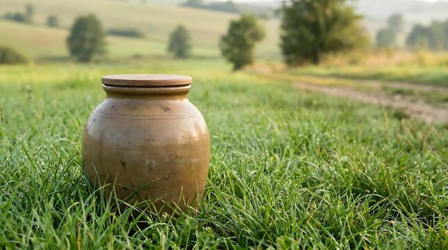 Large earthenware clay pot in grassy field