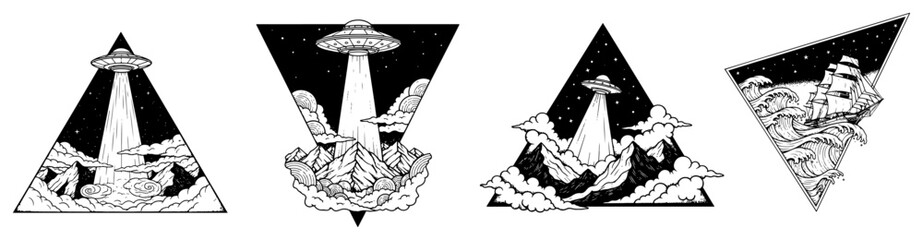 UFO flying saucer hovering over mountains and waves inside triangular frames in detailed line art style © Aisha Kudorova