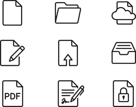 Nine minimalist black and white icons representing document management and digital file operations in modern flat design style