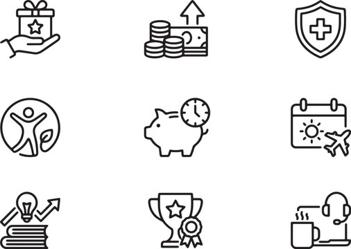 Nine Minimalist Line-Icons Representing Business Success Growth Health Travel Savings Education And Rewards On White Background