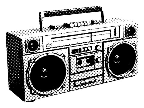 Retro boombox radio cassette player in halftone pop art style