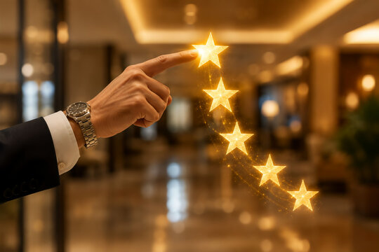 Businessman hand touching five star rating in luxury hotel lobby. Premium hospitality service, excellence in tourism, elite corporate travel experience and prestigious building ...