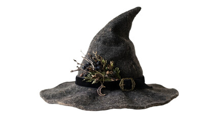 Fototapeta premium Grey felt witch hat with botanical decoration and moon charm isolated on transparent background