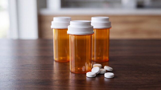 Prescription medication bottles with white tablets on a wooden table, pharmacy healthcare concept with amber pill containers and scattered medicine pills