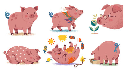 Cute pink pig illustrations showing playful farm animals, muddy piglets, and cheerful expressions. © Coffee and TV