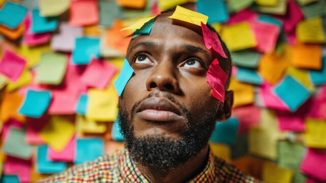 Stressed young man with sticky notes on face looking up at wall covered in colorful paper reminders, office work overload and deadline concept