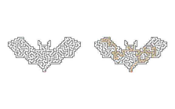 Bat maze printable with solution for kids, halloween educational puzzle worksheet featuring a spooky flying bat with wide wings for classroom and homeschool activities