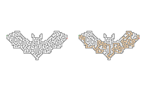 Bat maze printable with answer path for kids, halloween educational puzzle worksheet featuring a spooky flying bat for classroom and homeschool activities