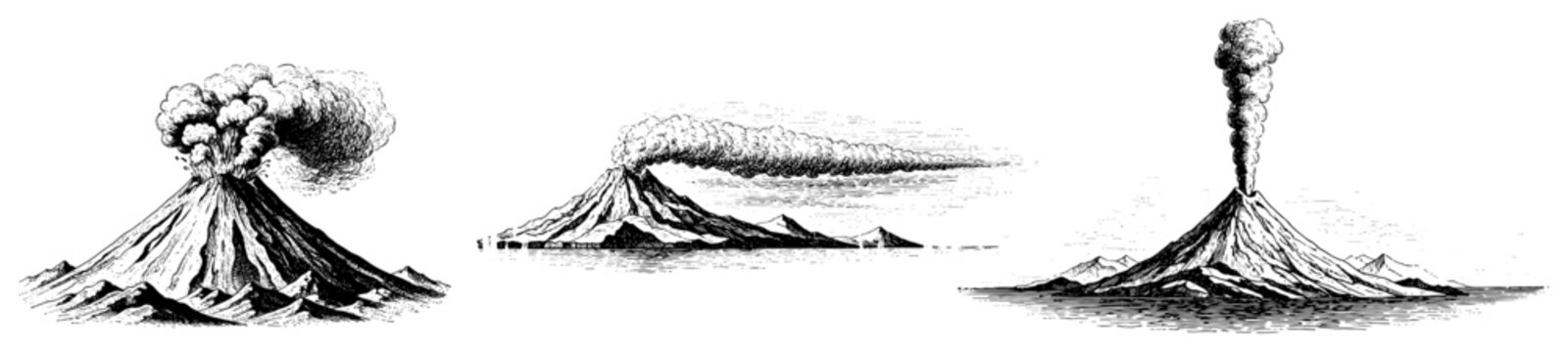 Erupting volcanoes with smoke clouds in vintage engraving style