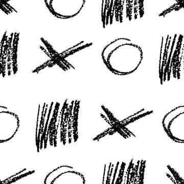 seamless pattern creates abstract scribbles on a white background. Xs, Os, and a shaded square are drawn by hand. stock vector illustration. EPS 10.