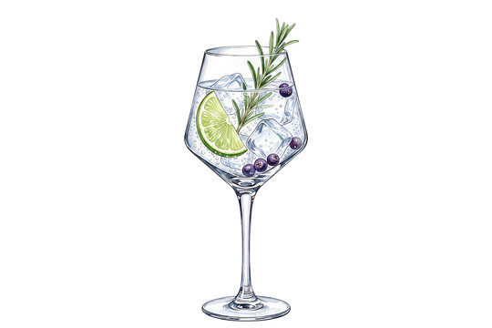 watercolor botanical gin and tonic cocktail illustration with fresh lime wheel rosemary sprig and juniper berries in stemmed wine glass isolated on transparent background