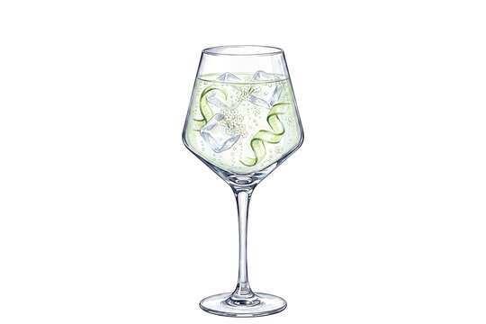 premium watercolor hugo elderflower spritz cocktail illustration with cucumber ribbons elderflowers and ice cubes in a stemmed wine glass on transparent background