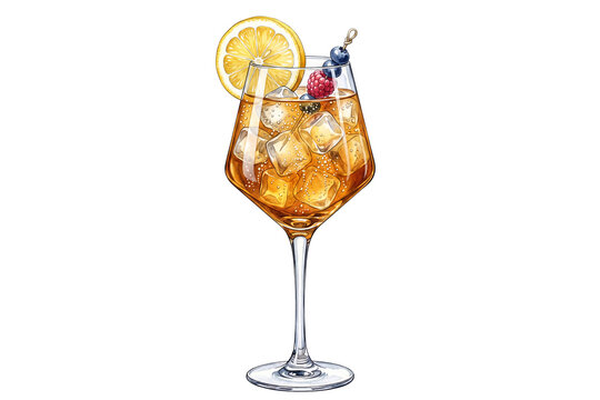 premium watercolor citrus berry spritz cocktail illustration with lemon slice fruit pick skewer and ice cubes in a stemmed wine glass on transparent background