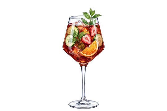 watercolor fruit cocktail spritz illustration with fresh strawberry cucumber orange slice and mint leaves in stemmed wine goblet isolated on transparent background