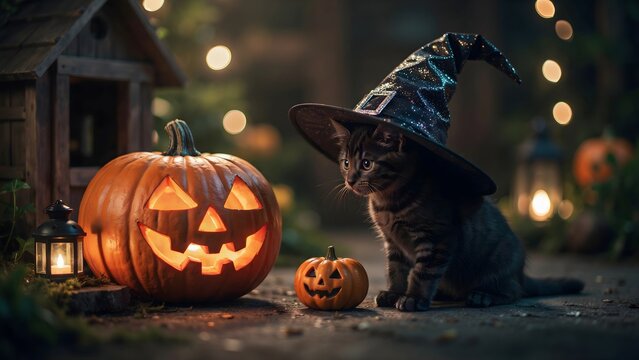 Cute black cat wearing witch hat for Halloween. Festive kitten sitting by glowing jack-o-lantern.