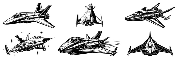 Futuristic spaceship and scifi fighter jet fleet in bold graphic ink style © Aisha Kudorova