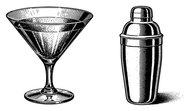 Cocktail martini glass and shaker in vintage engraving style