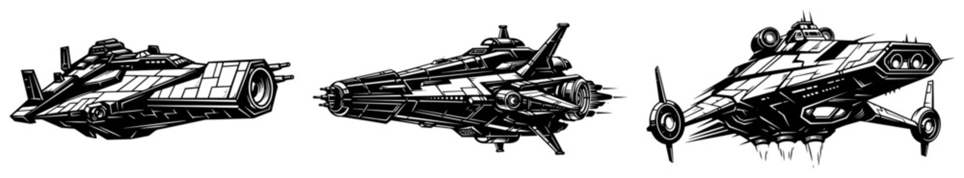 Futuristic starfighter spaceships flying in outer space in detailed graphic line art style