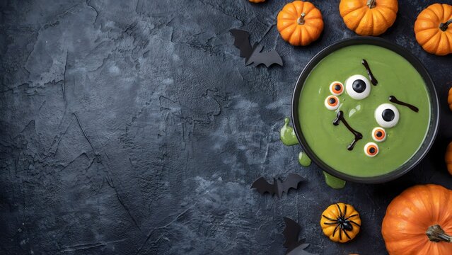 Halloween green monster soup bowl. Spooky food decoration with pumpkins on dark background.