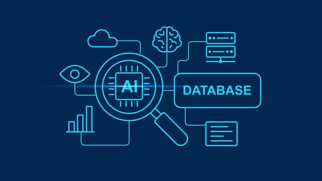 Artificial intelligence database analysis concept: ai technology infographic with magnifying glass and data processing network animation