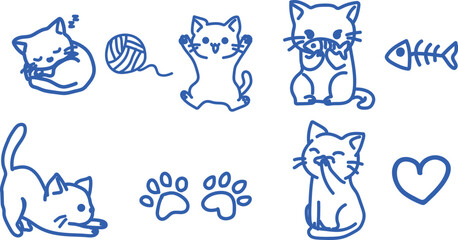 Set of cute hand drawn cat doodles with yarn ball fish bone and paw prints on white background