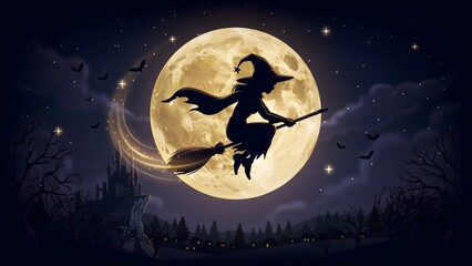 Fototapeta premium Witch flying on broomstick against full moon. Silhouette of sorceress in night Halloween sky.