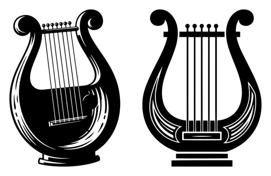 Ancient greek lyre harp musical instrument in classic black and white linocut style