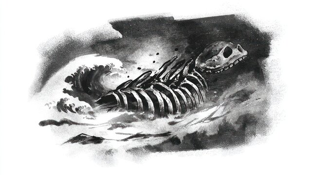 Skeleton of a sea creature in monochrome style artistic illustration