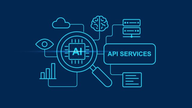 Artificial intelligence api services concept: digital network integration and data analysis technology animation