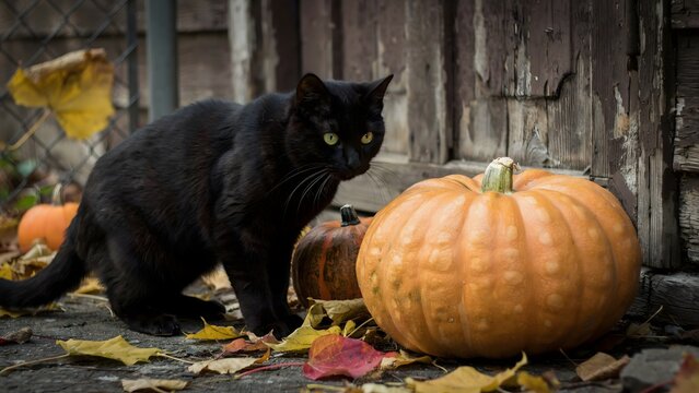 Black cat sitting next to a pumpkin. Halloween feline pet near autumn harvest decorations.