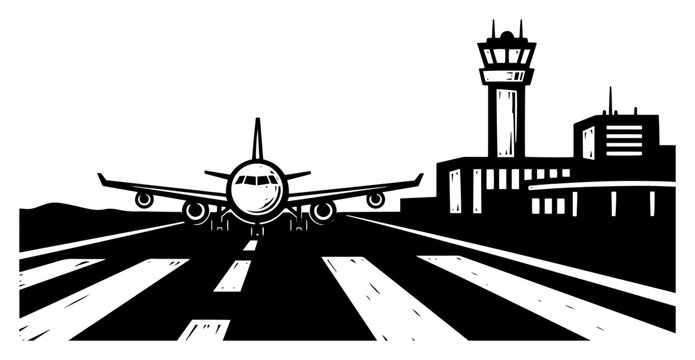 Airplane on airport runway with control tower in bold minimalist graphic style