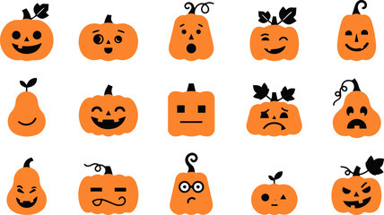 Fototapeta premium Set of cute hand drawn pumpkins with various funny faces for halloween holiday decorations and design elements