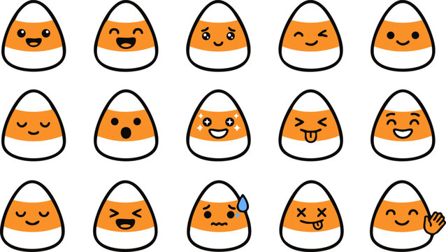 Set of cute candy corn characters with various funny facial expressions for a fun halloween party design