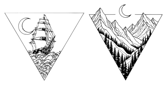Sailing ship and mountain landscape inside triangular frames in detailed line art style