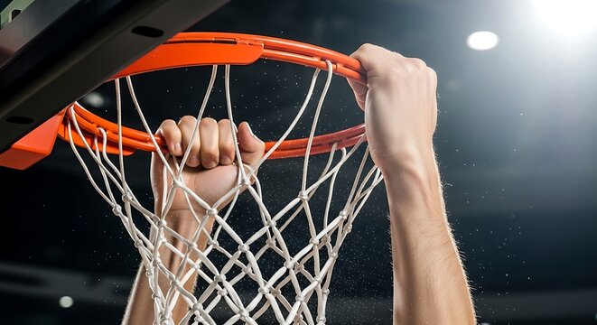 Basketball Player's Hands Gripping Hoop Rim During Game