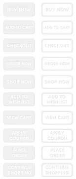 White 3D E-Commerce Button Collection with Rounded Rectangle UI Elements, Buy Now, Add to Cart, Checkout, Order Now, Shop Now, Wishlist, View Cart, Apply Coupon, Place Order and Continue Shopping