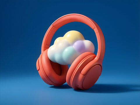 One pair of coral headphones gently enclosing a small quiet cloud