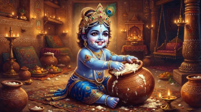 Cute little child eating fresh butter from clay pot for vishu and sri krishna birthday during hindu festivals like janmashtami and traditional indian culture ... See More