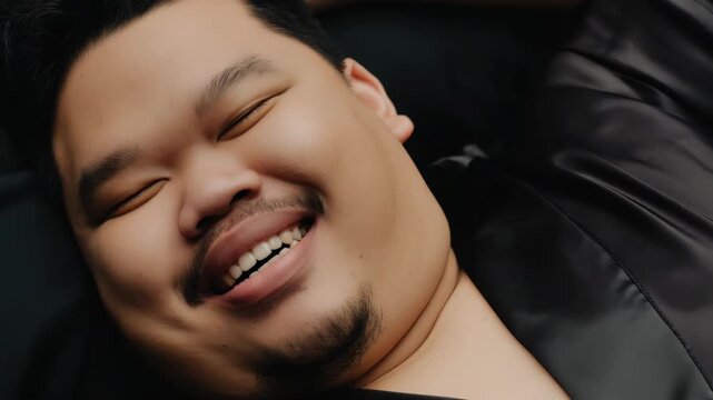 Happy young Asian man with closed eyes smiling and laughing, portrait of a joyful person expressing positive emotions, relaxed lifestyle concept