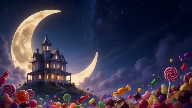Haunted mansion under a crescent moon. Spooky house with candy landscape for Halloween.