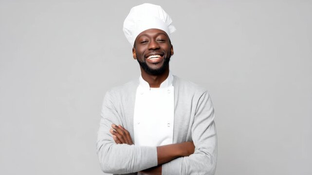 Happy African American male chef smiling with arms crossed isolated on grey background, professional culinary expert in uniform for restaurant ad