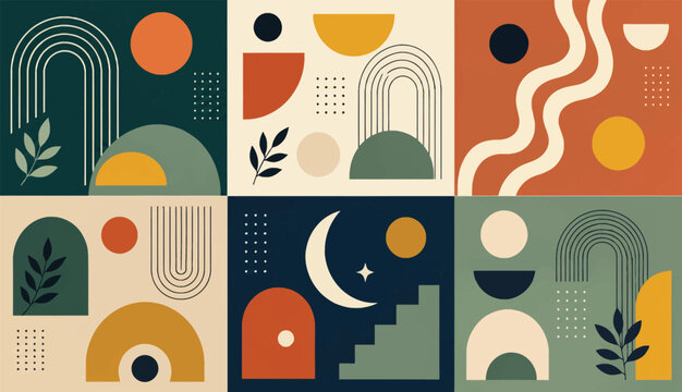 Abstract Geometric Pattern Background with Colorful Mosaic Circles and Metaball Fusion Shapes, Retro Mid-Century Modern Vector Illustration for Graphic Design, Posters, and Web Layouts