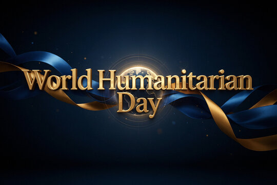Premium 3d render illustration for world humanitarian day showing glossy gold text with glowing globe sphere surrounded by flying blue satin ribbons over plain dark navy professional backdrop.