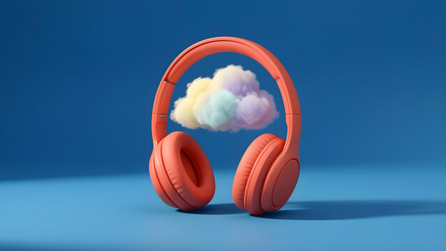 One pair of coral headphones gently enclosing a small quiet cloud