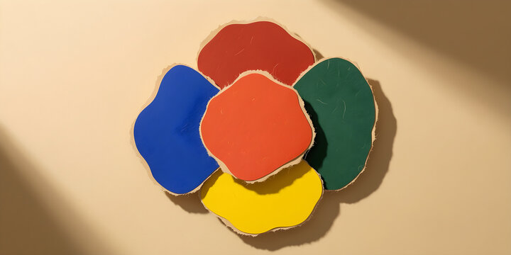 Five differently shaped paper islands overlapping just enough